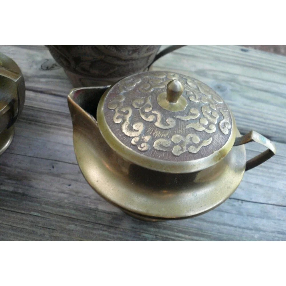 Vintage Oriental Brass 3 Piece Dragon Tea Set Teapot Creamer Sugar Bowl
